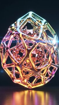 abstract 3d render of complex geometric form, iridescent metallic fluid shapes and polyhedral cubes, dark background, volumetric light, futuristic motion