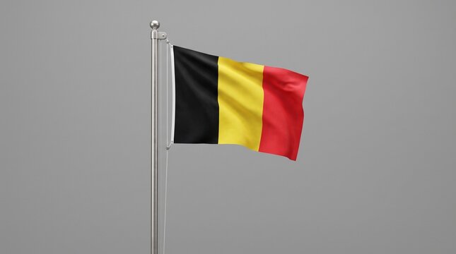 Belgian flag waves proudly, vertical black, yellow, and red stripes symbolize national identity, heritage, and unity against plain backdrop.