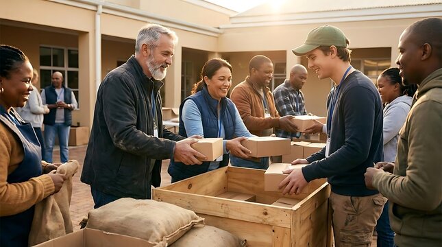 Diverse volunteers distributing food boxes at community charity event.