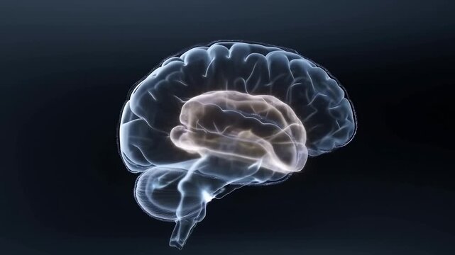 Futuristic 3D rendering of a transparent human brain with a glowing inner core highlighting neural networks and cognitive science