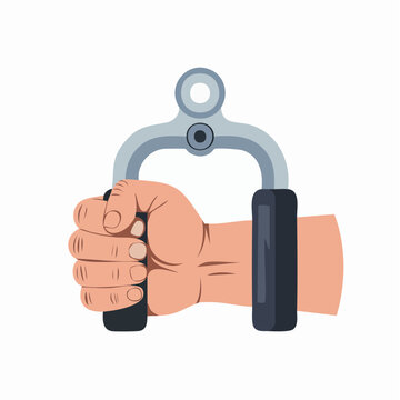 A human hand grips a metal gym cable attachment for tricep pushdowns on a white background.
