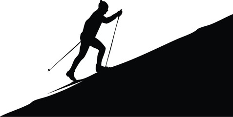 Fototapeta premium Skier silhouette climbs a steep snowy mountain slope using cross country poles while moving forward in a determined winter sport exercise session.