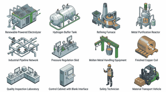 Collection of industrial equipment and machinery icons for manufacturing and production processes.