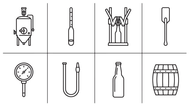 Brewing tools line icon set with fermenter and bottle