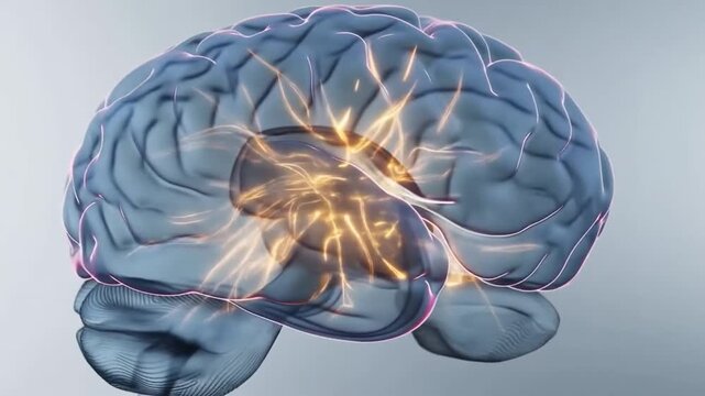 Scientific illustration of human brain featuring glowing neural activity and cognitive processing signals