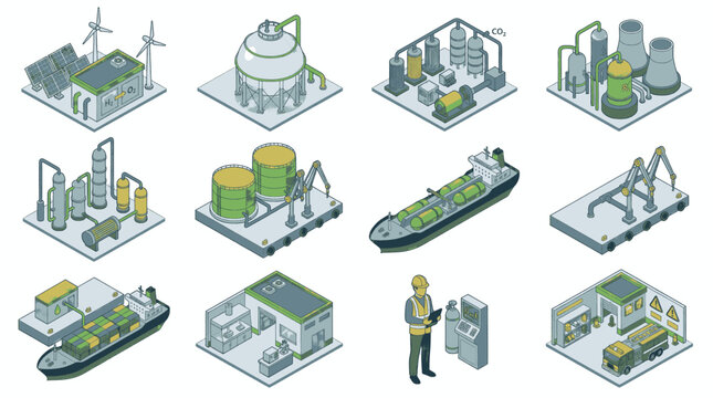 Collection of isometric industrial facilities and transportation, including power plants, factories, and cargo ships.
