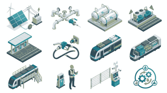 Set of isometric icons representing sustainable energy sources and transportation.