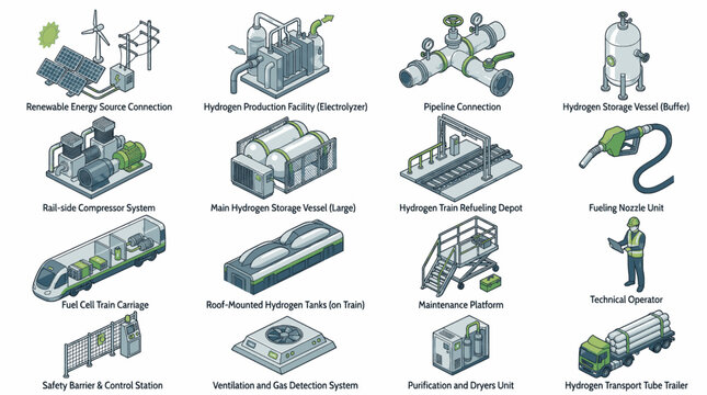 Set of isometric icons representing hydrogen energy production, storage, and transportation systems.