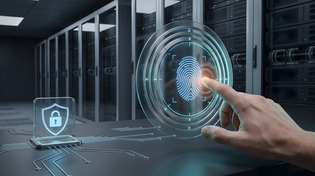 Biometric fingerprint authentication on glowing interface securing cloud server rack infrastructure in modern data center