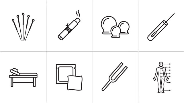Acupuncture tools line icon set with needles and cups