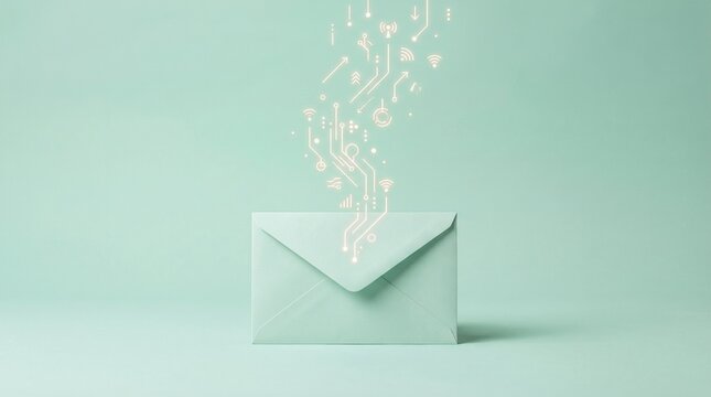 Digital Email Communication with Glowing Electronic Circuit Data Flow Concept on Pastel Background