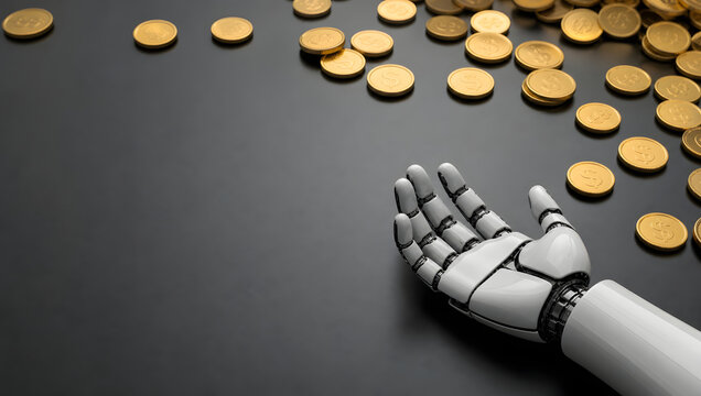 robotic hand with gold coins on background