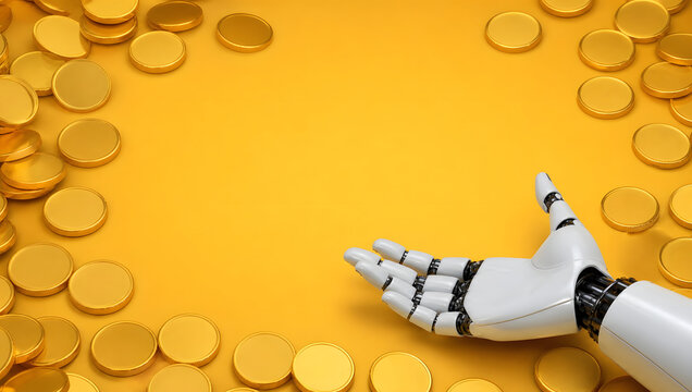 robotic hand with gold coins on background