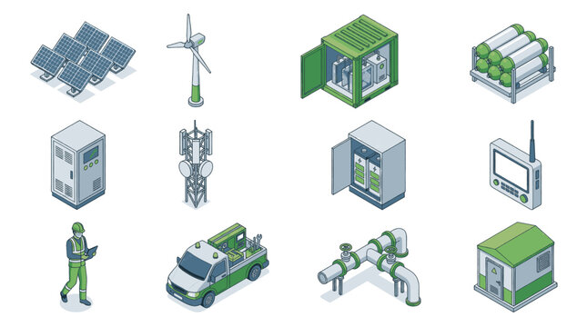 Collection of isometric icons representing renewable energy and industrial infrastructure elements.