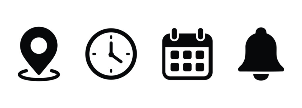 Time date and notification line icons calendar address location pointer and alarm bell notice alert business schedule and office time clock location place date reminder, event scheduling and time.