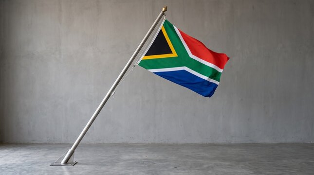 South African flag waves proudly, vibrant Y‑shaped design of six colors symbolizes unity, diversity, and cultural heritage against plain backdrop.