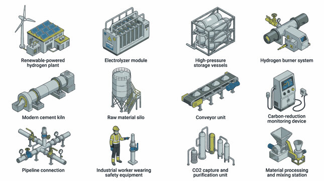 Set of industrial equipment icons for renewable energy and manufacturing processes.