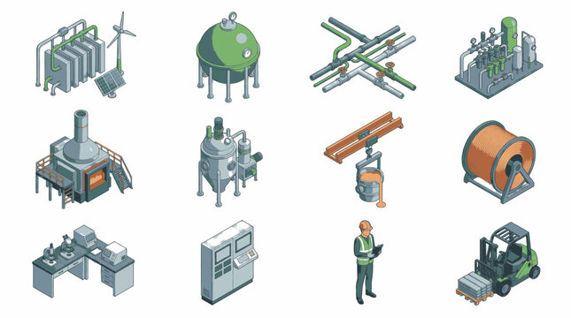 Set of isometric industrial icons representing various manufacturing and energy production elements.