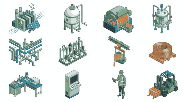 Set of isometric industrial equipment and machinery illustrations.