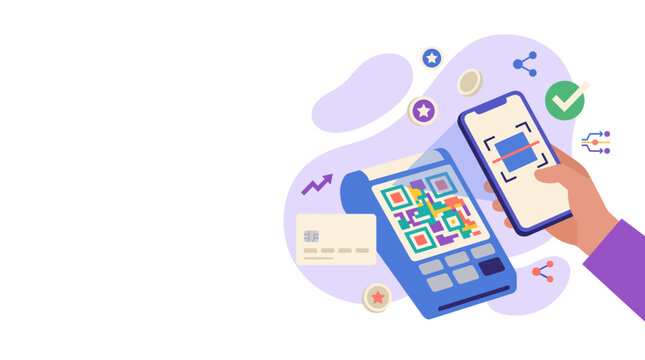 Flat vector illustration of mobile QR payment at POS terminal for digital checkout.