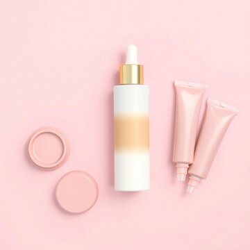An assortment of makeup products arranged on a pink background.