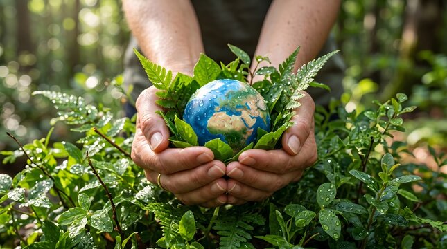 Caring Hands Cradling Earth Surrounded by Green Ferns and Leaves