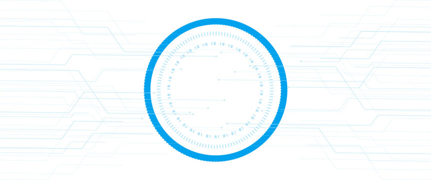 Abstract blue circle with digital lines and dots on a white background
