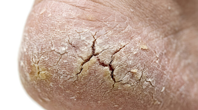 Close up of a dry cracked heel showing severe skin dehydration and damage.