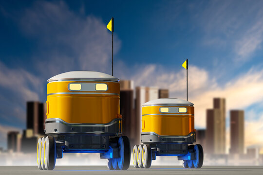Autonomous Logistics. Self-driving delivery robots operate in an urban environment, providing last mile transport, smart city distribution and automated courier services  3D image