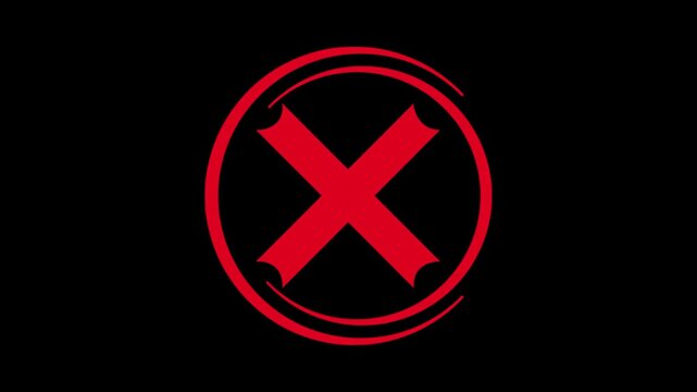 Animated red cross mark icon inside circular ring, motion graphic loop of error alert, access denied, rejected request, wrong choice, and prohibition concept isolated on dark background.