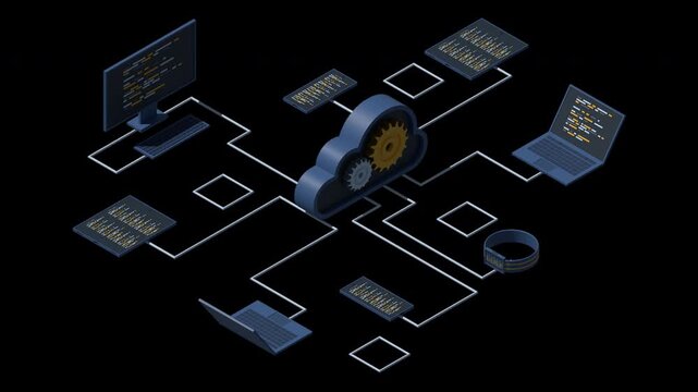 3D isometric cloud technology computing animation. Isometric network with computer, laptop, tablet, and smartphone. Isometric technology. Transparent background with alpha channel