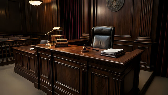 Empty courtroom judge bench with leather chair and wooden interior of a traditional legal law office or chamber courtroom interior