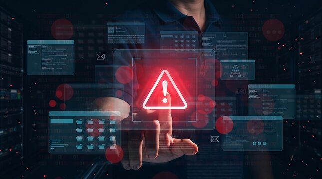 Warning alert icon with a hacked system. malicious software, virus, spyware, malware, or cyberattacks on computer networks. Security on the internet and online business woman touching virtual screen