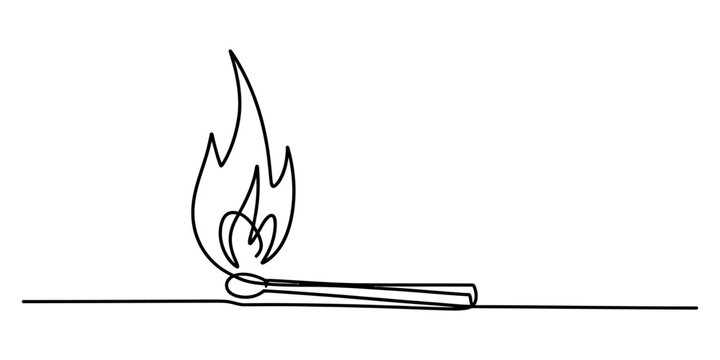 A single continuous line drawing of a burning matchstick with fire flame showing a simple minimalist design concept for creative ideas and inspiration