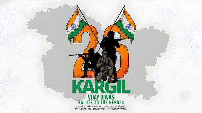 Kargil Vijay Diwas 26th July Banner with Indian Soldiers, Tricolor Flags, and Kashmir Map Outline Illustration