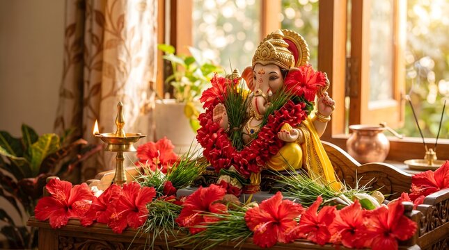 Lord Ganesha Idol Decorated with Red Hibiscus for Ganesh Chaturthi Puja