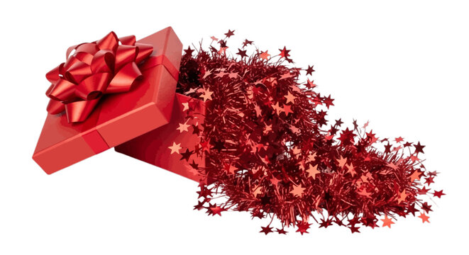 Vector illustration of red gift box with a bow and starshaped tinsel on a transparent background