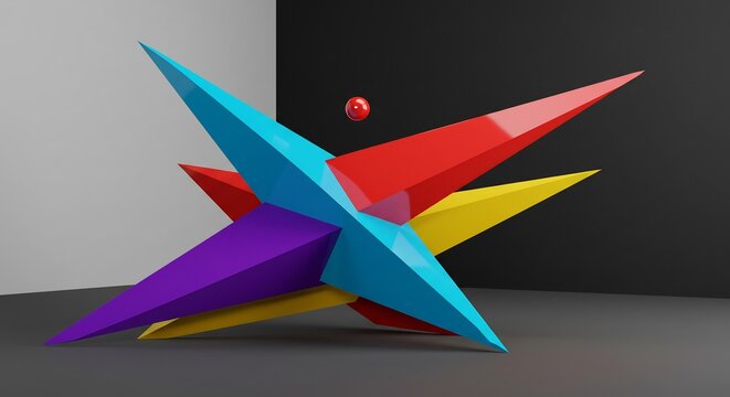 様々な色彩の鋭い多角形が交錯する抽象オブジェ クリーンな光が幾何学的な形状を際立たせモダンで未来的な空間美を演出. AI Generated