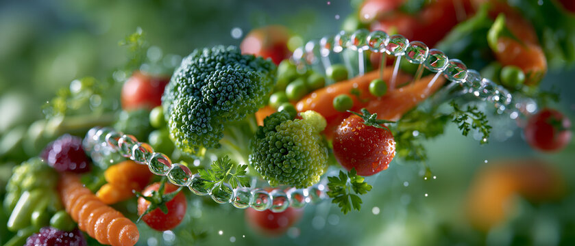 Genetic Engineering in Food: A stylized DNA helix is intricately woven with fresh, vibrant vegetables and fruits, symbolizing the intersection of nature and scientific innovation in the food industry.