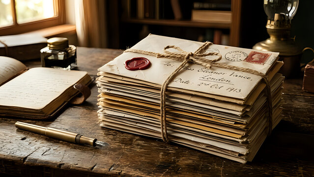 Vintage stack of letters tied with string and sealed with wax on a wooden desk near an open book correspondence nostalgia memories