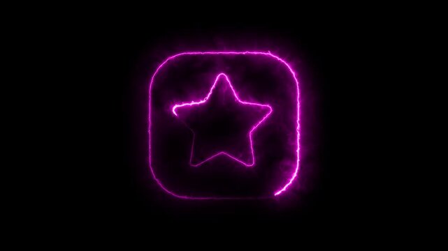 Animated glowing star inside rounded square symbol, abstract digital motion graphic. neon pink star icon with square outline, energetic digital animation on black background, futuristic graphic.