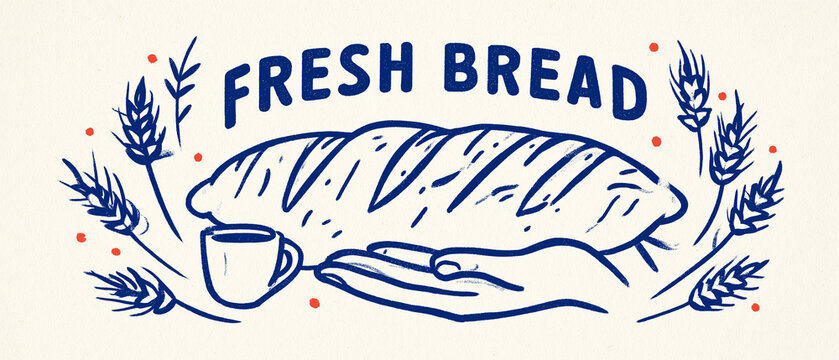 Fresh Bread and Coffee Emblem: A charming, hand-drawn emblem featuring a loaf of crusty bread and a steaming cup of coffee, surrounded by wheat stalks and decorative elements.