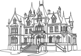 Obraz premium Intricate black and white line art illustration of a gothic revival mansion.