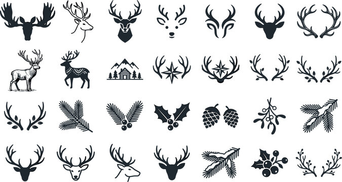 Deer antlers and winter forest nature vector set featuring black silhouettes head portraits pine branches pinecones holly berries and mountain cabin
