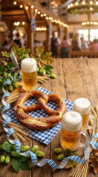 Traditional Bavarian pretzel with beer mugs on a rustic table at Oktoberfest, Bavaria.