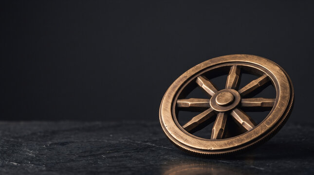 Angled Bronze Dharmachakra Wheel Symbol on Dark Stone Table for Dharma Day and Buddhist Philosophy