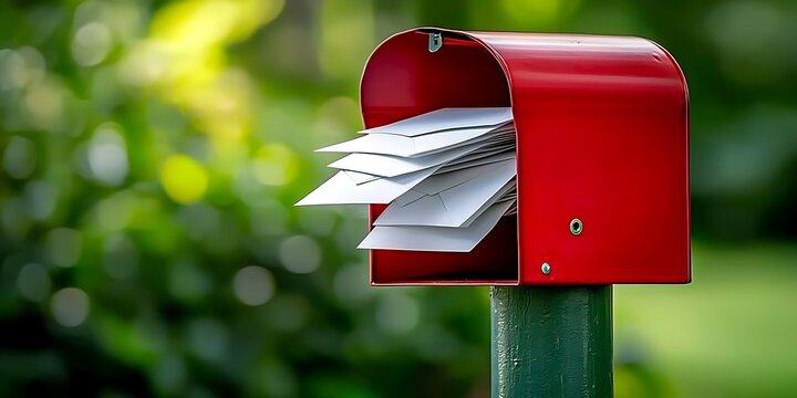 Red mailbox full of letters standing on post outdoors with blurred green foliage background sunny nature.