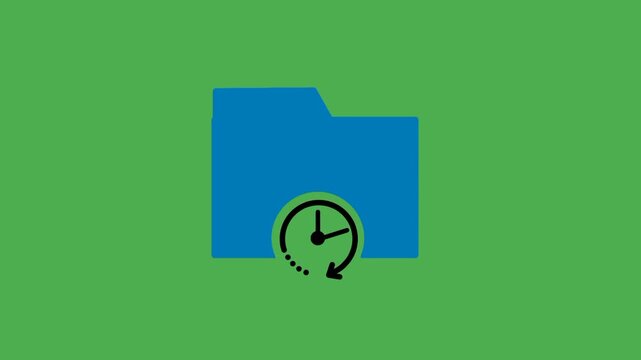 Backup data time concept featuring folder icon, clock icon, and circular arrow. Visual representation of scheduled file protection and automatic storage management.