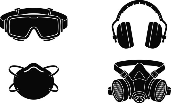 Personal protective equipment icons set with black silhouette of safety goggles earmuffs respirator and face mask vectors