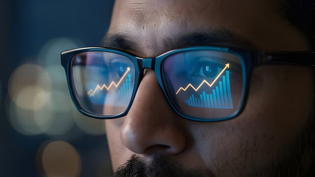 Close up portrait of a focused man with financial stock market growth charts reflecting in his glasses.
